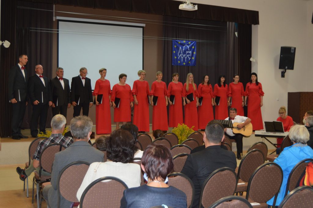 Zdjęcie przedstawiające śpiewający na scenie Zespół Wokalny CANTO – czterech mężczyzn w ciemnych garniturach i dziesięć kobiet w długich, czerwonych sukniach. Pod sceną widownia koncertu. 